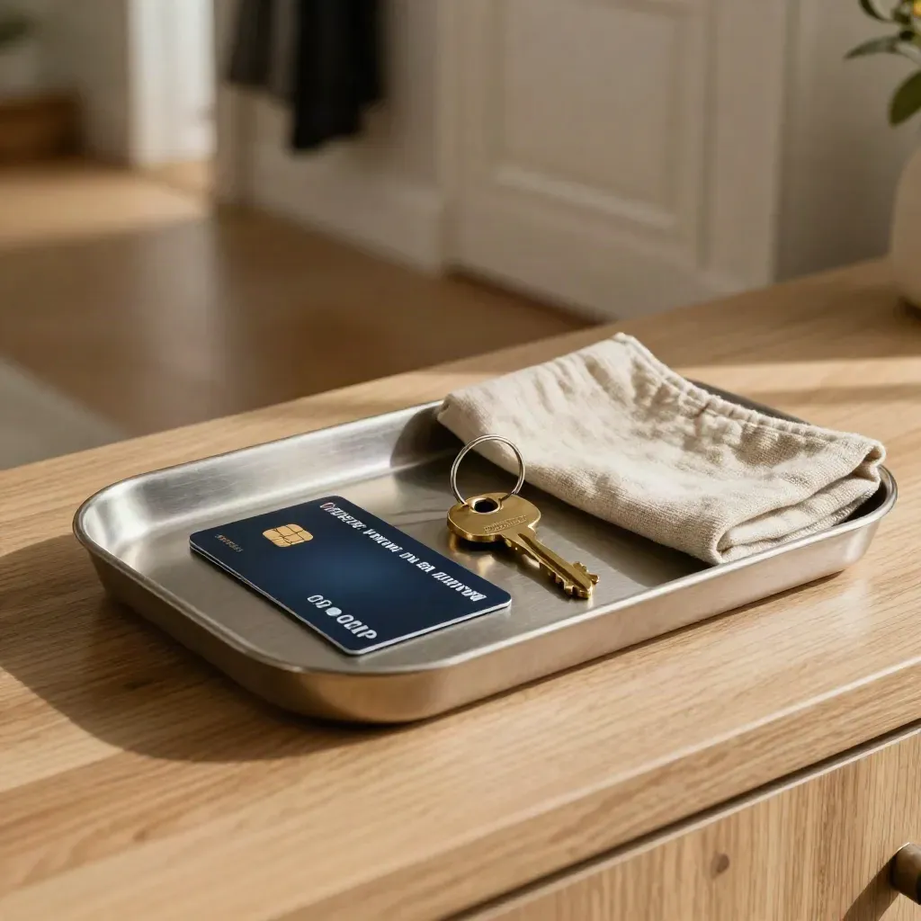 Vassoio d’ingresso ordinato con carta, chiavi e lino su console in legno caldo.