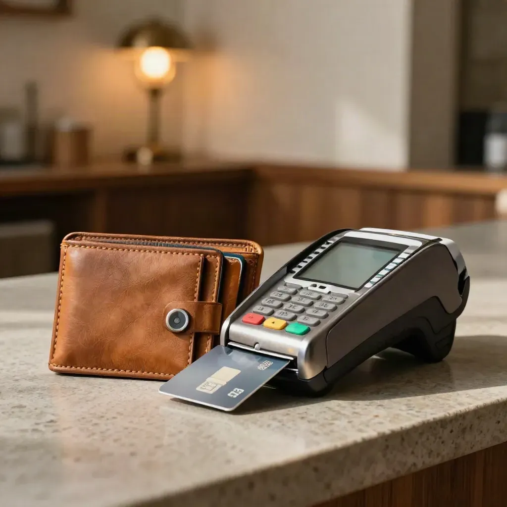 Portafoglio, tre carte e terminale contactless su banco in pietra, luce calda.