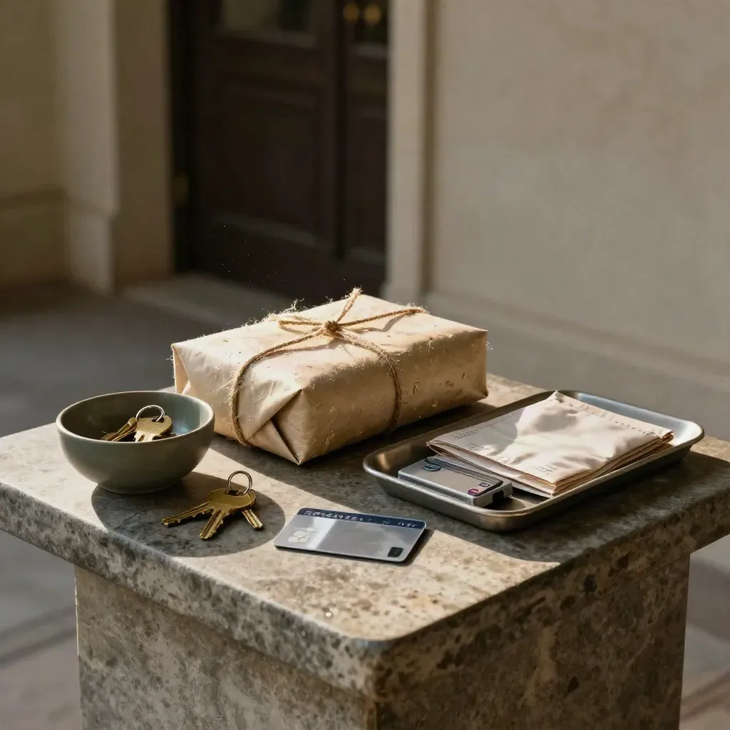 Foyer bancario cinematografico con kit di trasferimento, chiavi e carte su console in pietra.