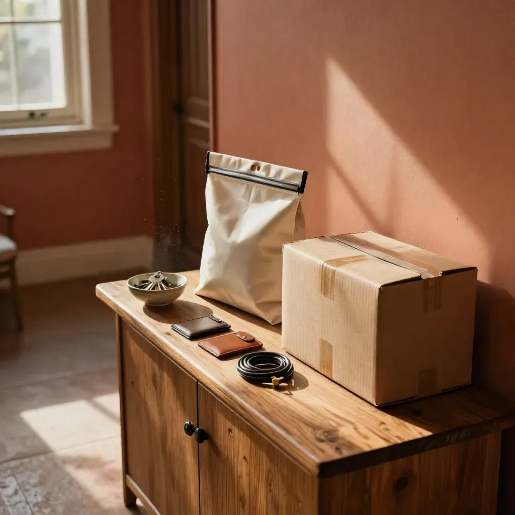 Kit per cambio banca su consolle d’ingresso, con busta sigillata, bowl portachiavi e box imballato.