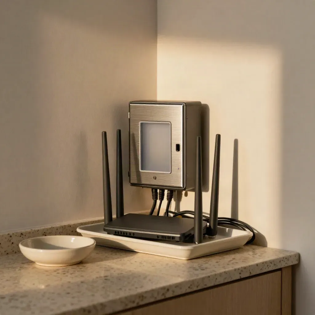 Angolo utility ordinato con router, contatore chiuso, card sleeve e vassoio domestico.