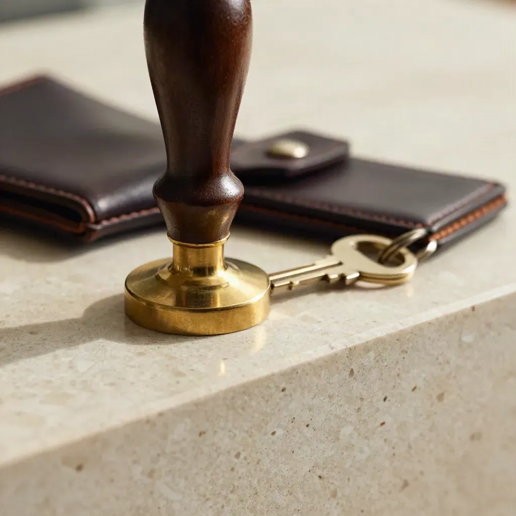 Sigillo in ottone, anello portachiavi e pouch su scrivania in travertino, luce radente