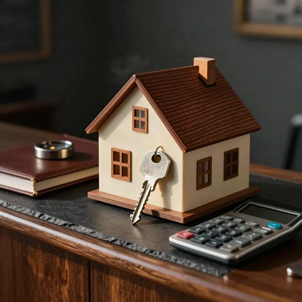 Casa in miniatura, chiave metallica e calcolatrice in una scena drammatica per mutui e prestiti.