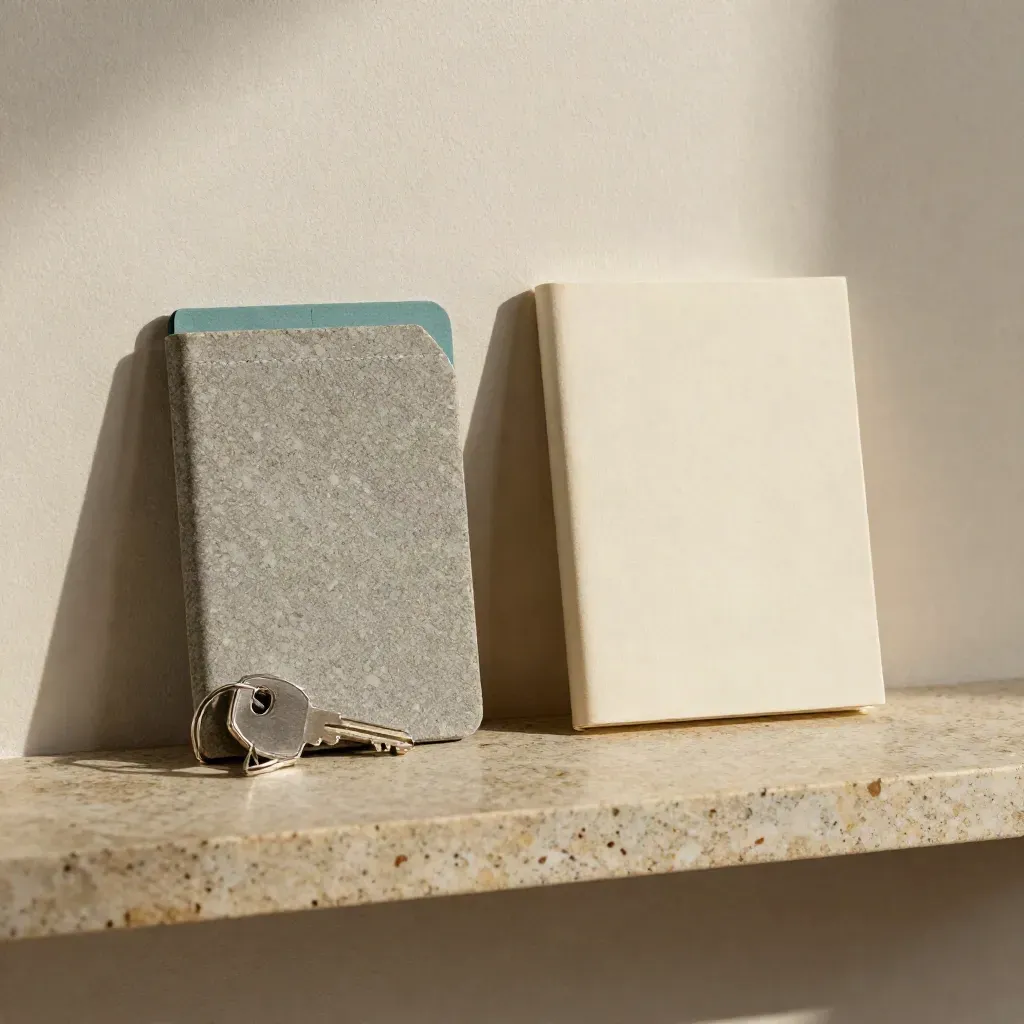 Flatlay dall’alto con chiave di casa, portachiavi mutuo, custodia carte e taccuino su pietra.