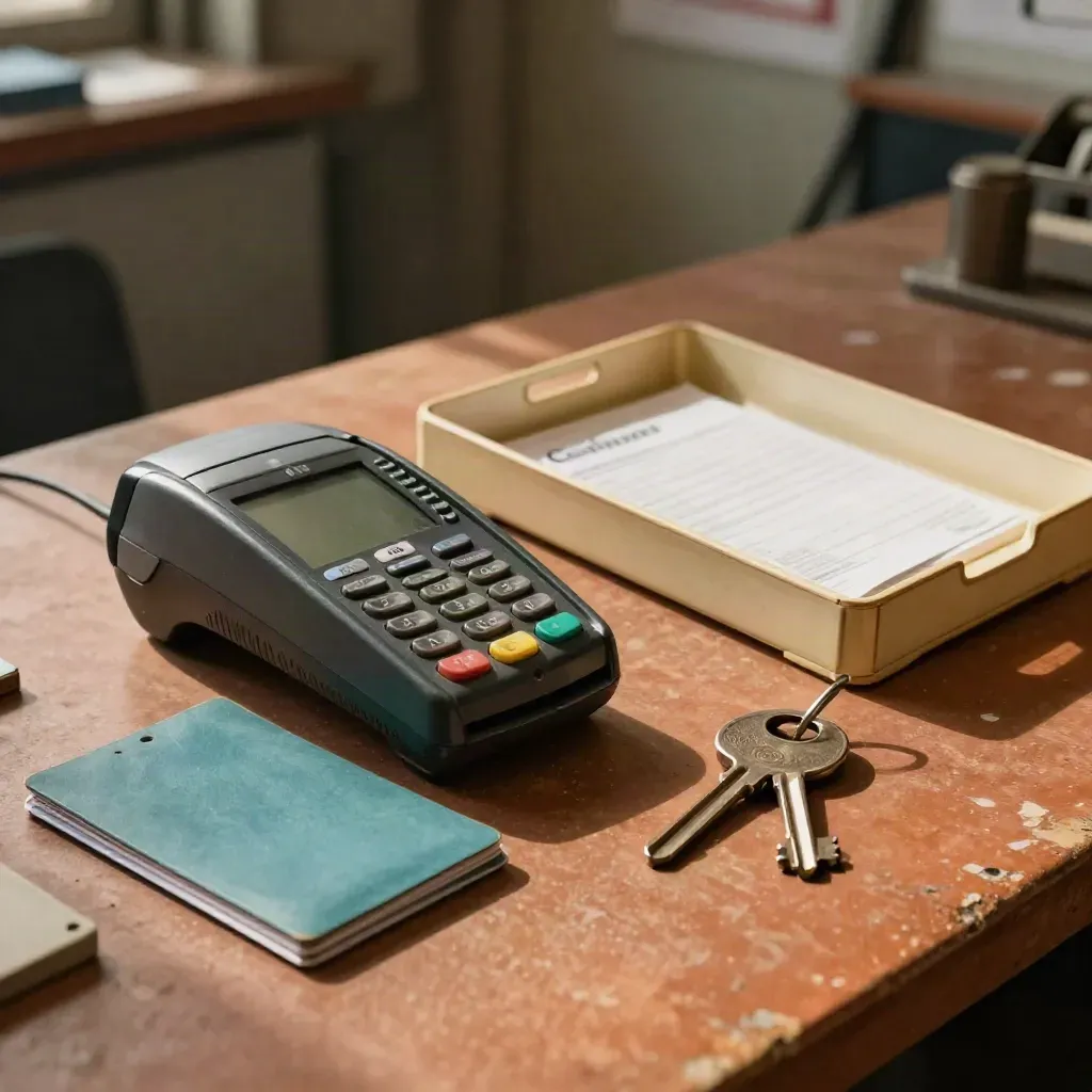 Kit SME con terminale spento, vaschetta fatture, custodia carte e chiave su banco in terracotta.