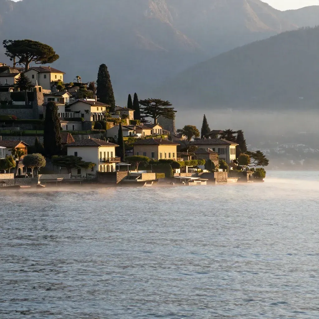 Lago di Como all’alba con ville terrazzate, montagne scure e foschia sulla riva.