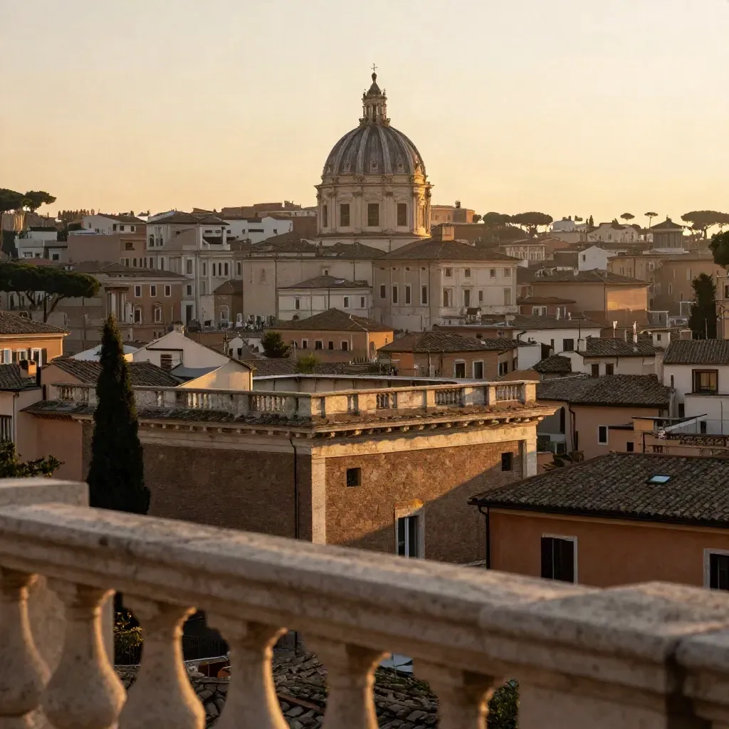 Skyline di Roma in luce dorata, cupola lontana e cipressi sopra travertino caldo.
