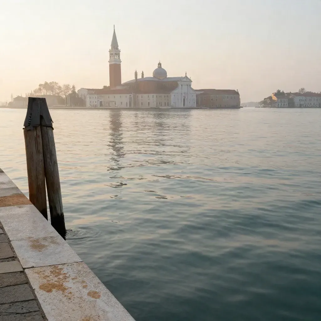 Laguna veneziana all’alba con campanile lontano e acqua calma sotto una foschia dorata.