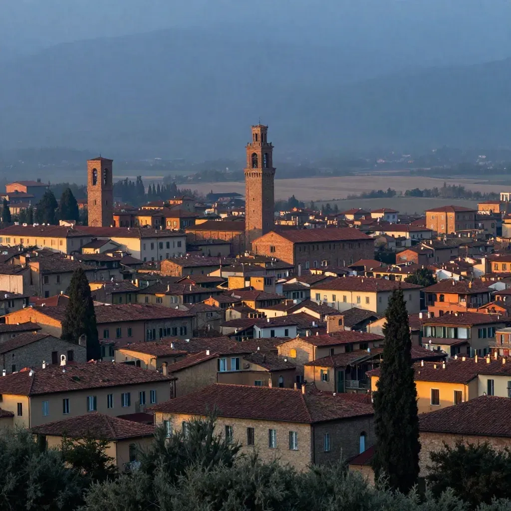 Bologna e la pianura avvolte nella foschia blu all’alba, viste da una collina.